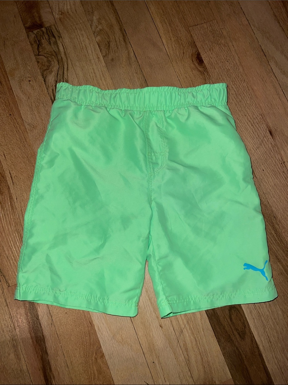 Puma Bright Lime Green Athletic Swim Shorts with Blue Logo